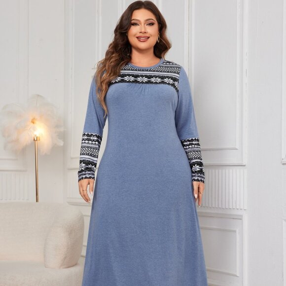 Plus Size Printed Round Neck Long Sleeve Dress - Picture 1 of 9